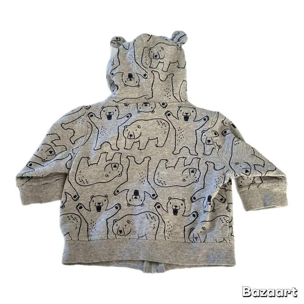 Gymboree Bear Print Zip Up Hooded Jacket 6-12M Grey Navy
